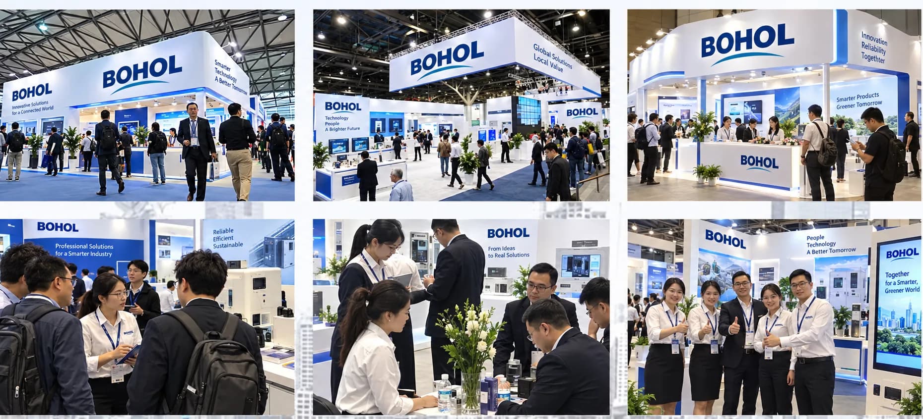BOHOL exhibition gallery showing product displays, team conversations and visitor meetings