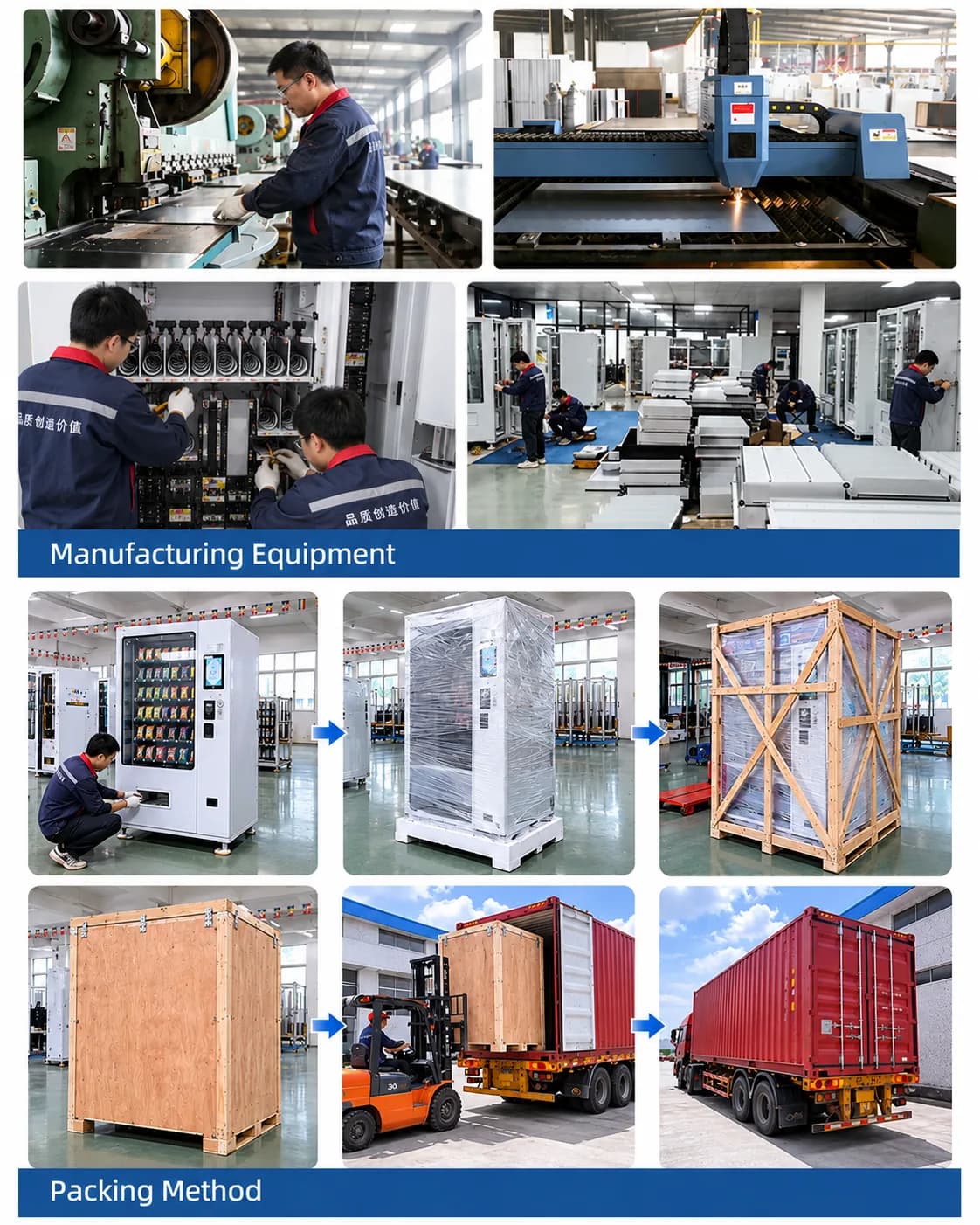 Metalworking, vending machine assembly, inspection, protective packaging and container loading