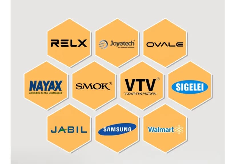Industry brand references: RELX, Joyetech, OVALE, NAYAX, SMOK, VTV, SIGELEI, JABIL, Samsung and Walmart