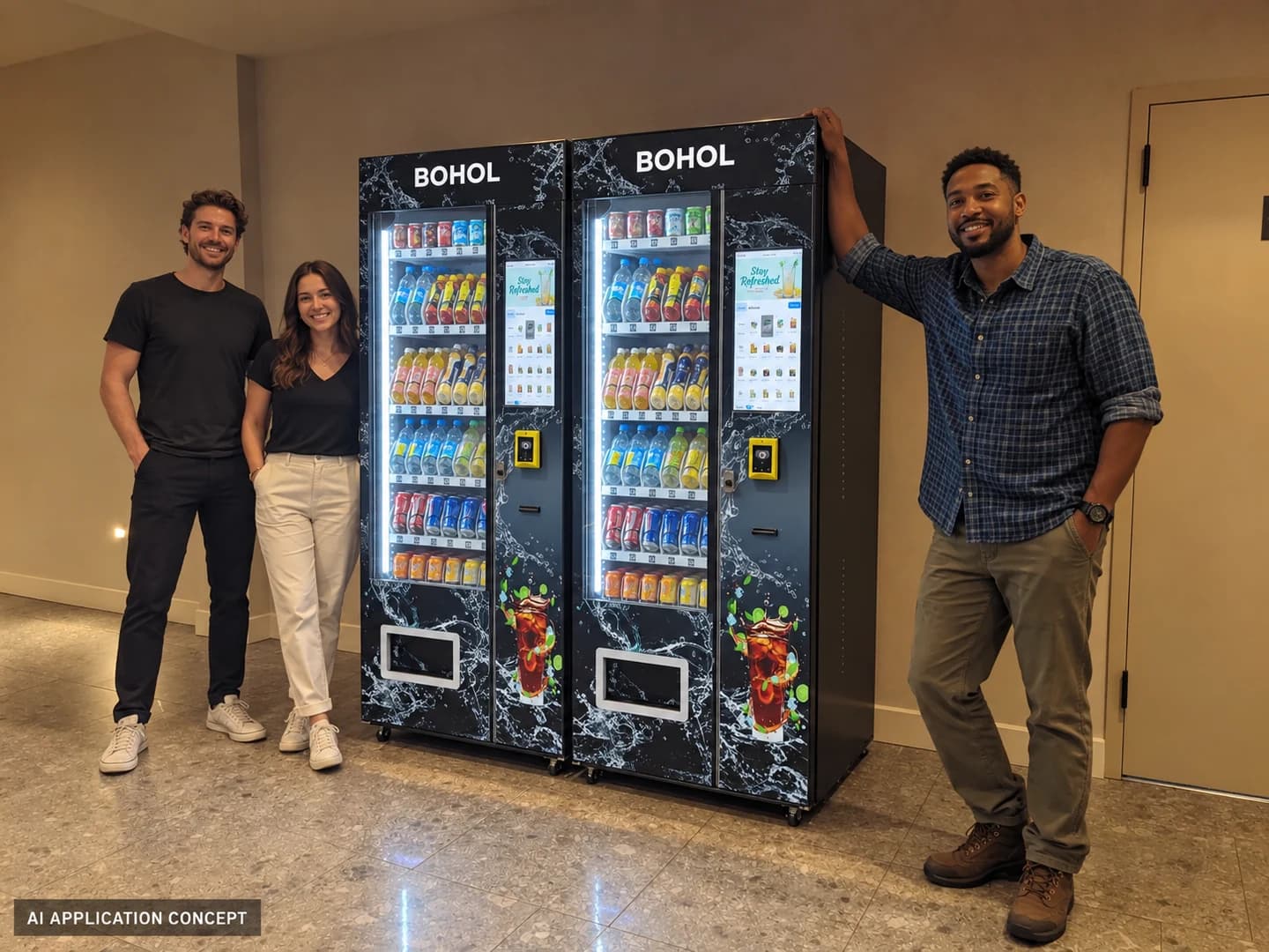 AI-generated BOHOL vending application concept: A refreshment stop in the lobby.
