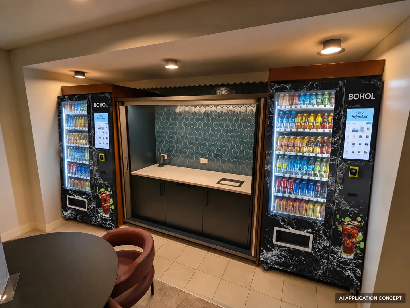 AI-generated BOHOL vending application concept: Refreshments beside the lounge.